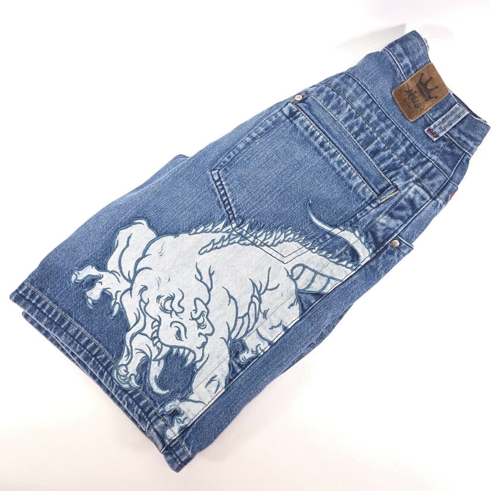 VTG Y2K JNCO Jean Shorts Youth 25 Embroidered Lizard Dragon Baggy 90s Jorts